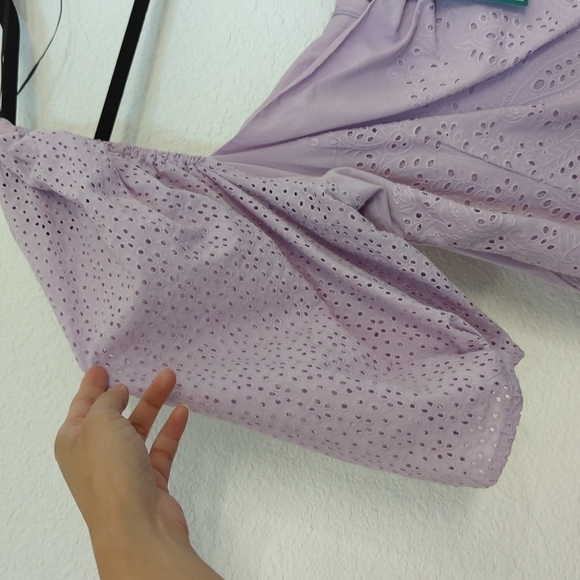 H&M Eyelet Puff Sleeve Dress Purple Sz XXL Square Neck Shift Silhouette Zip - Picture 6 of 9